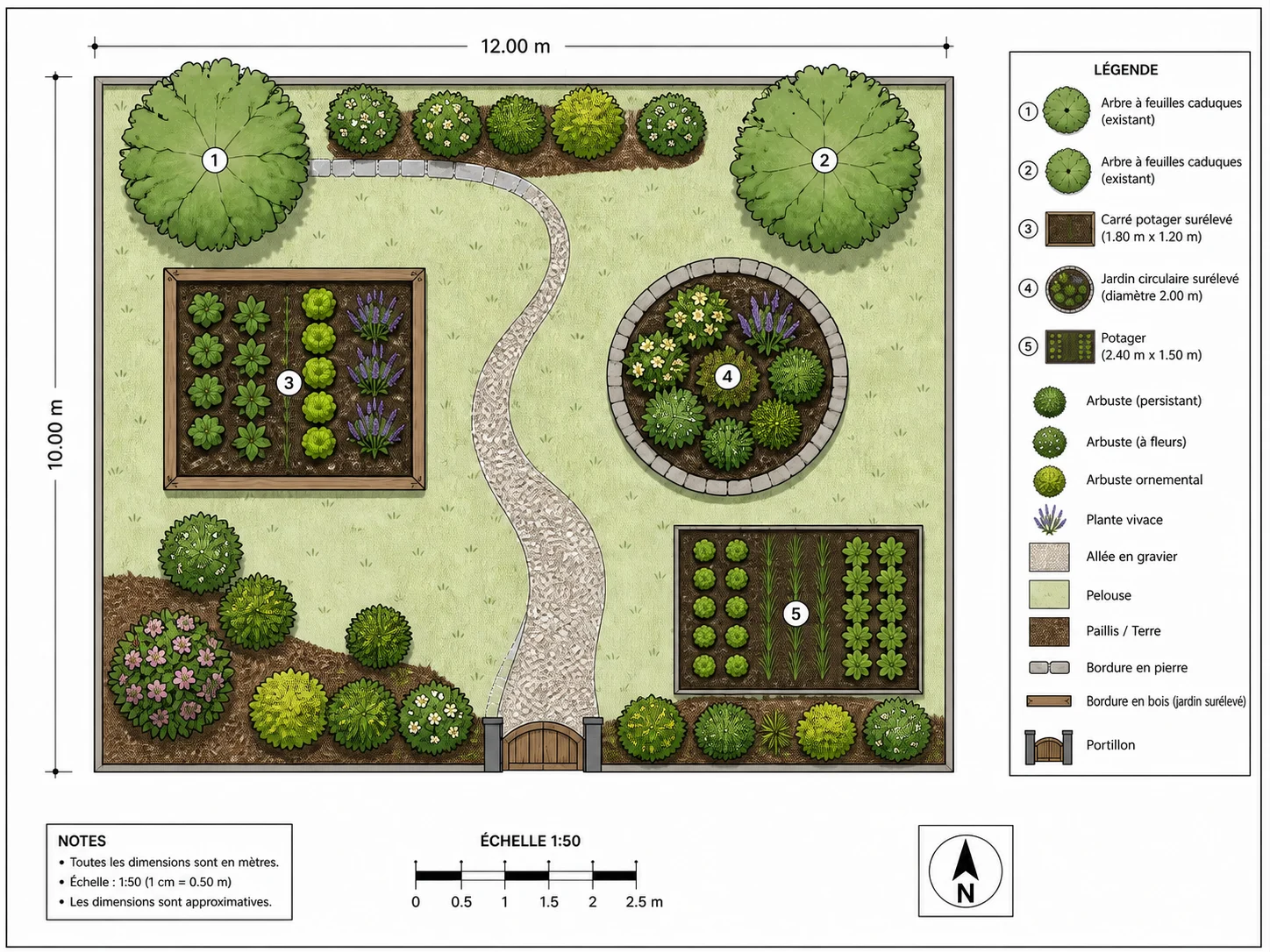 Bibliothèque du planificateur de jardin avec massifs, plantes et allées