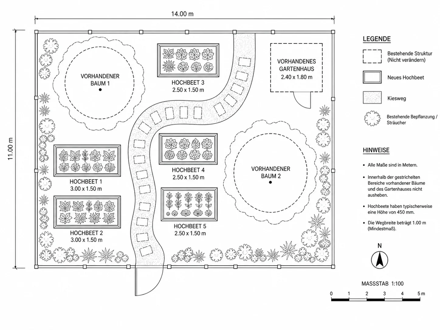 Gartenlayout um bestehende Bäume und ein Gartenhaus geplant
