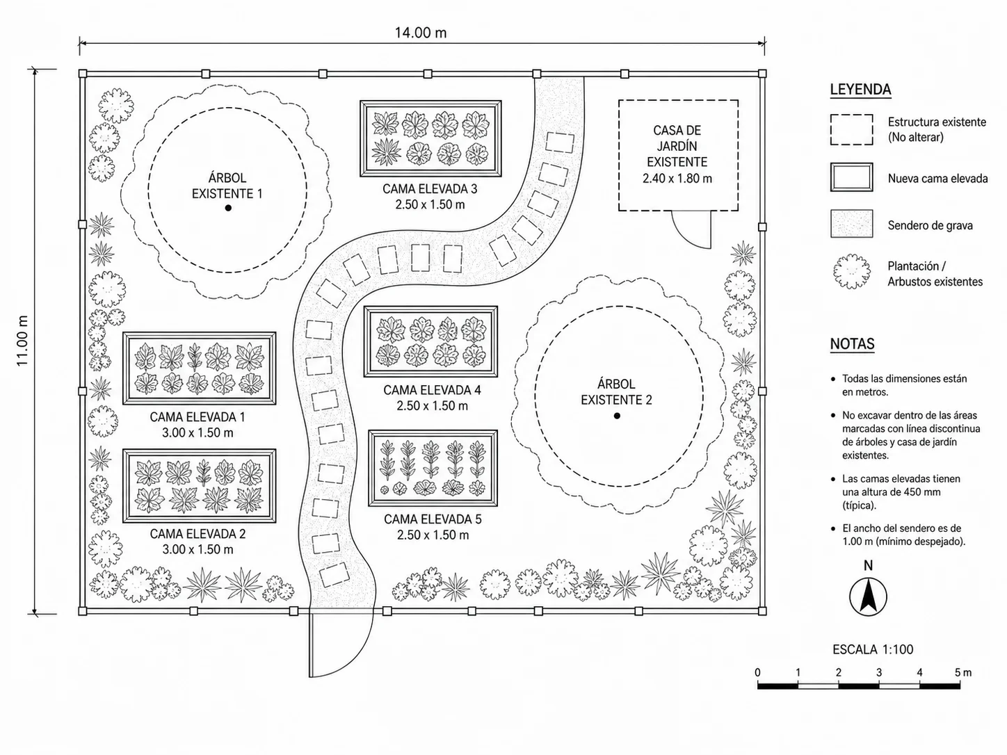 Distribución de jardín planificada alrededor de árboles existentes y una caseta