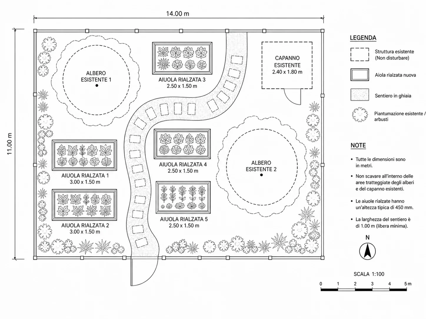 Layout di giardino progettato attorno ad alberi esistenti e un capanno per attrezzi