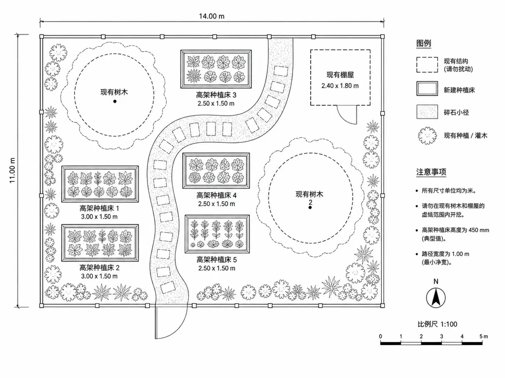 围绕现有树木和工具房规划的花园布局平面图