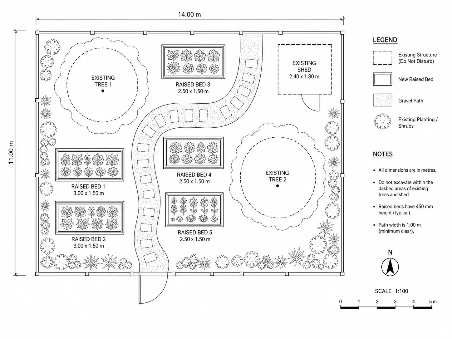 Garden layout planned around existing trees and a shed