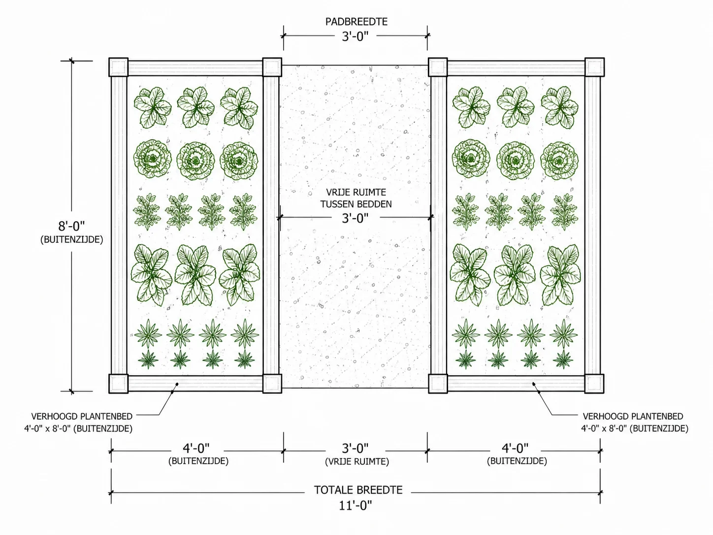 Tuinbedindeling met realistische plantafstanden en tussenruimtes
