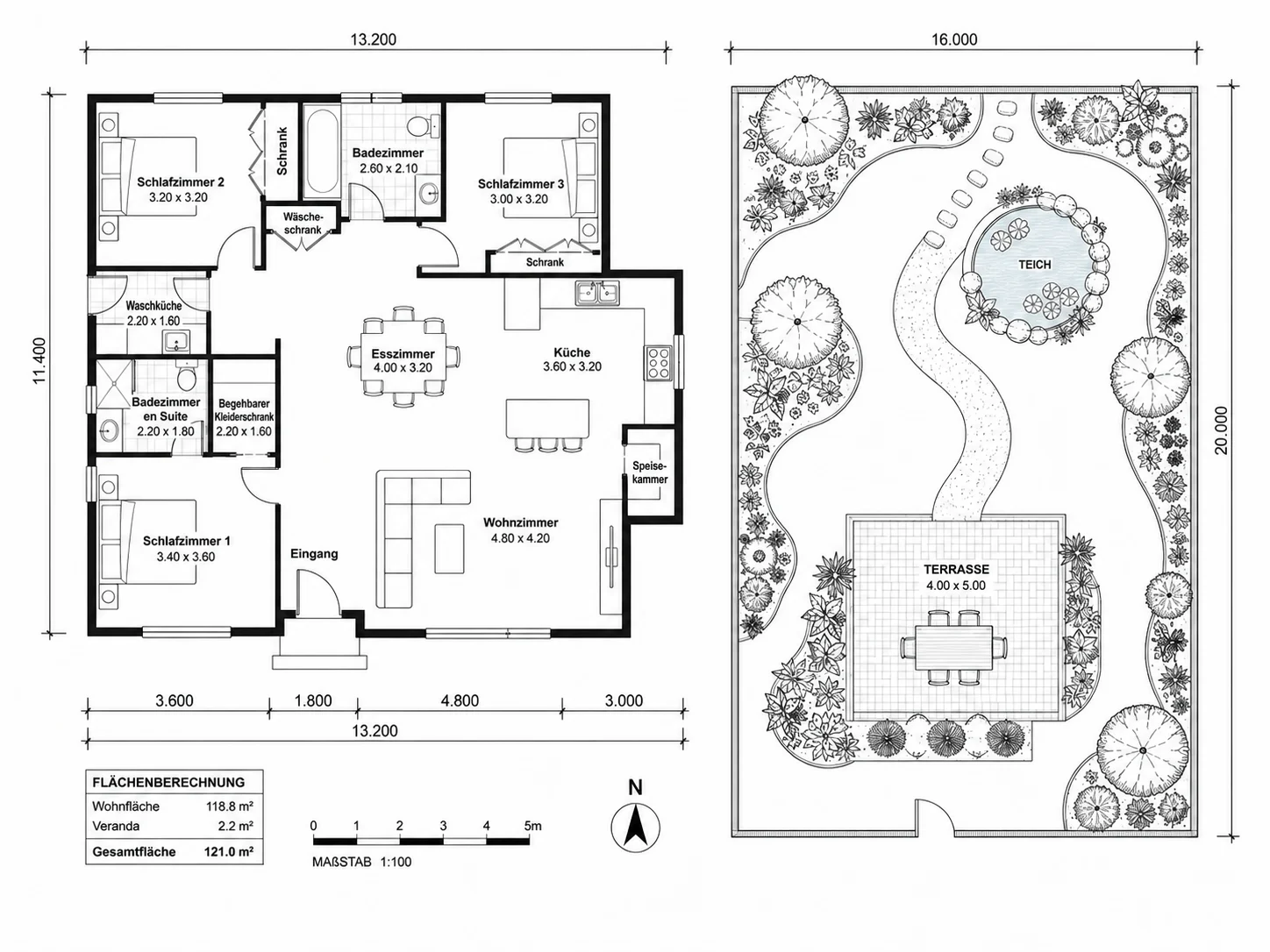Garten-Layout mit Gartenteich und Terrasse