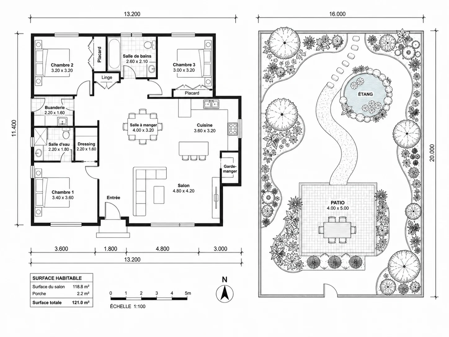 Plan d'aménagement de jardin avec bassin aquatique et terrasse