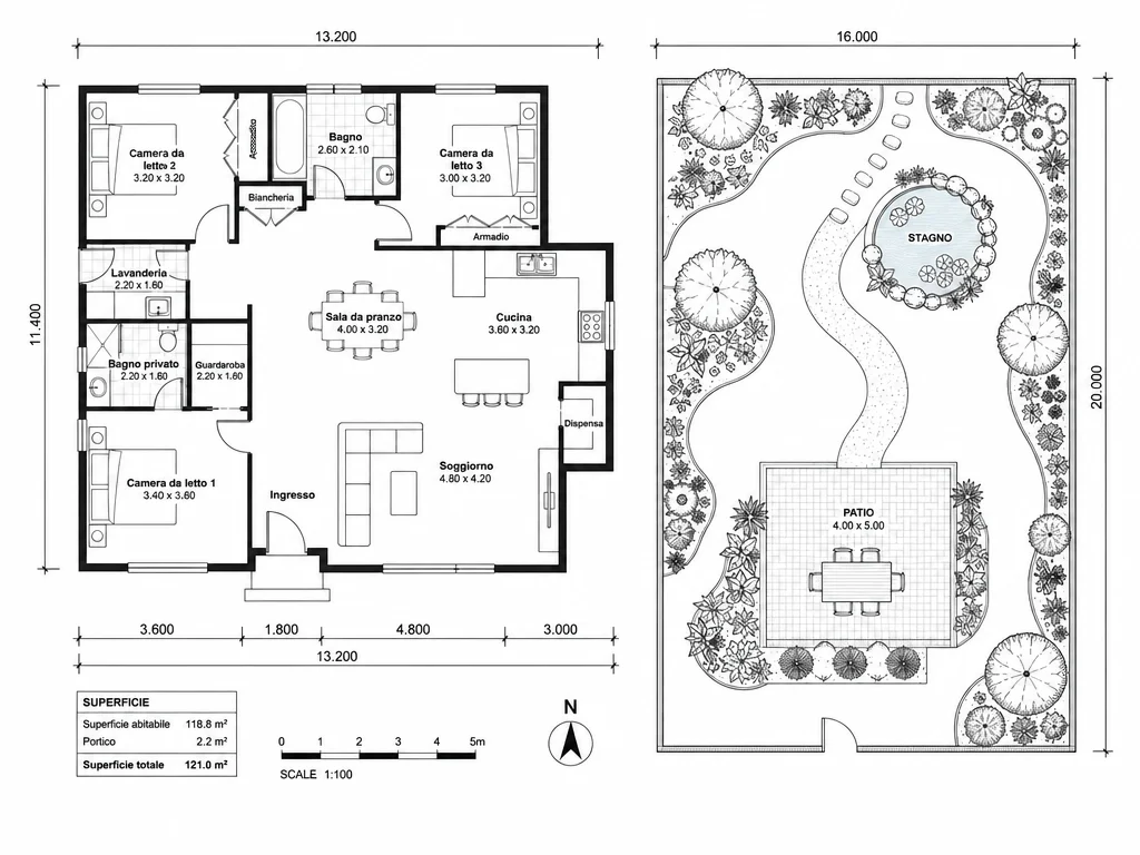 Planimetria del giardino con laghetto e patio integrati