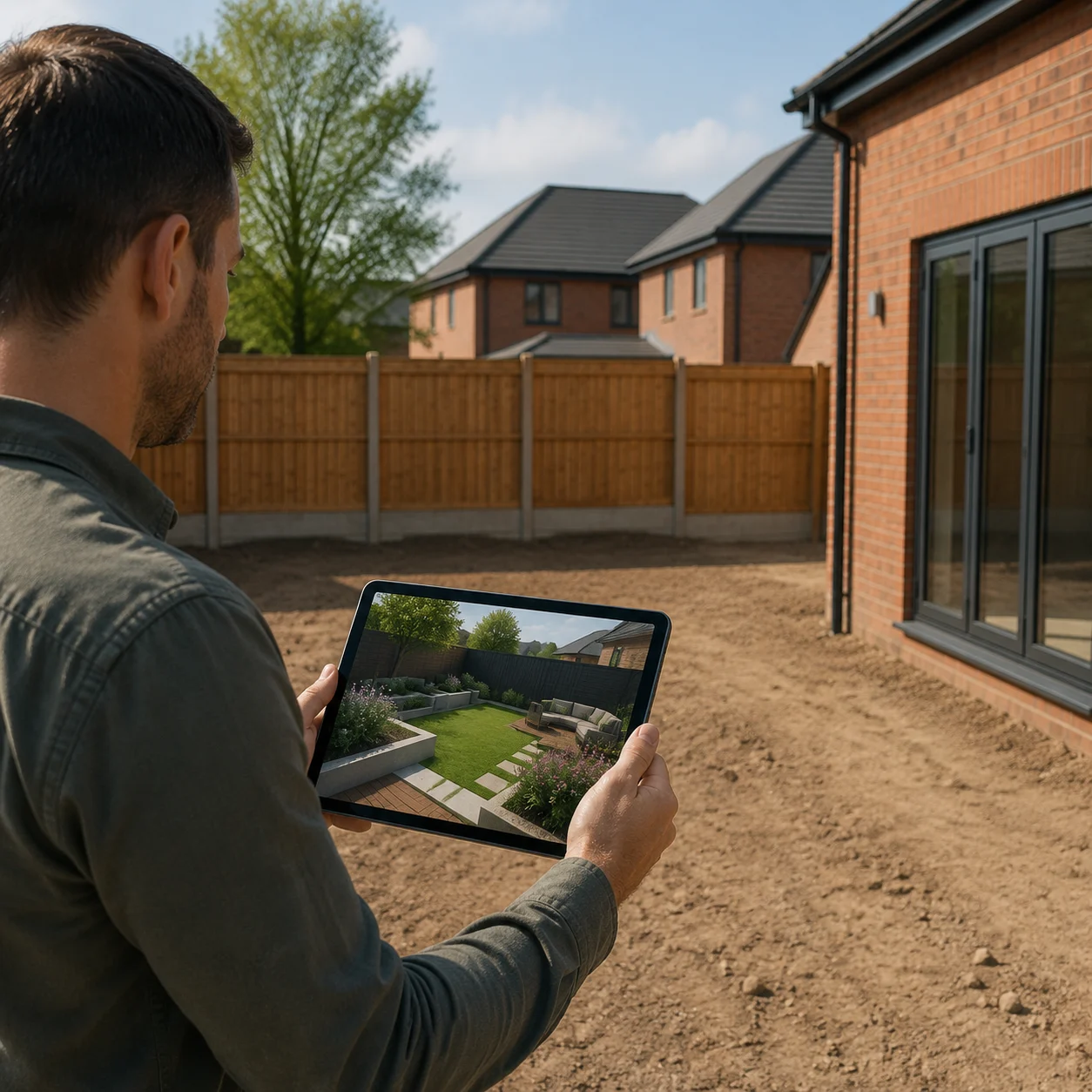 Homeowner viewing an AI garden design of their empty yard on a tablet