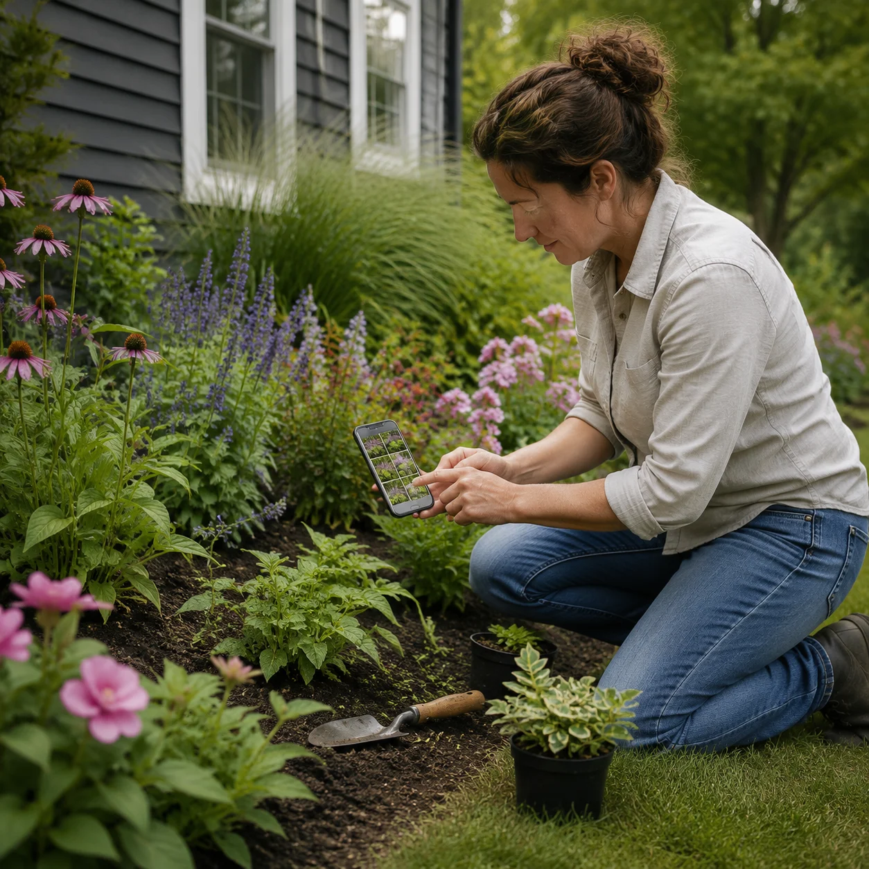 Keen gardener comparing planting layouts on a phone in the garden