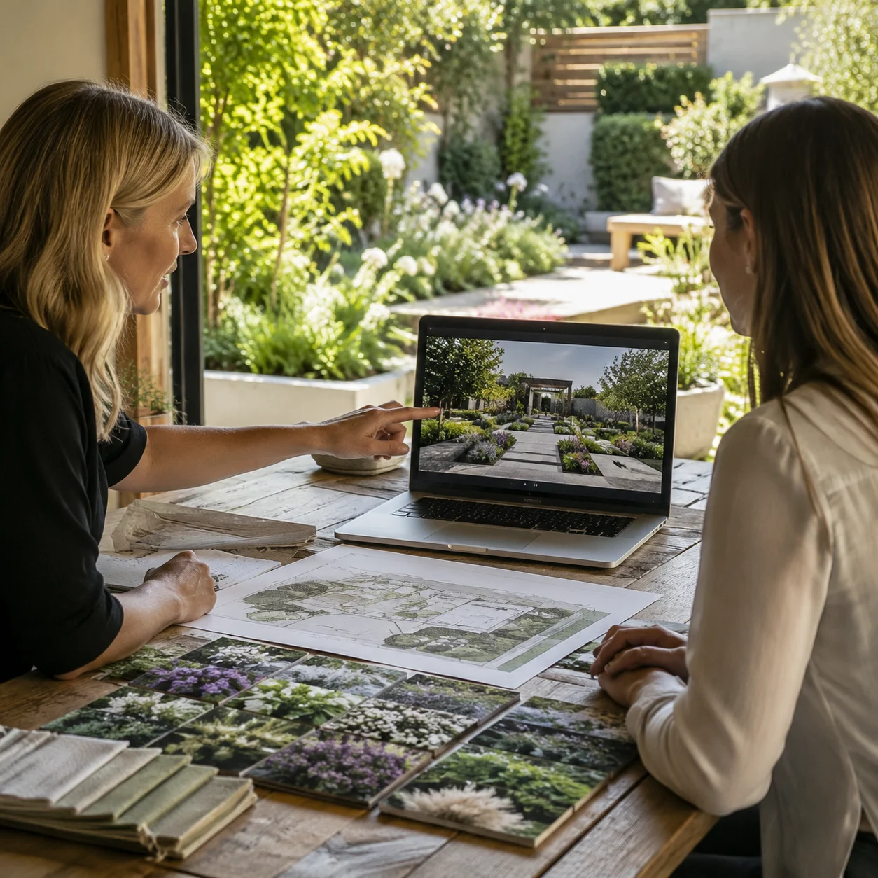 Garden designer presenting AI garden concepts to a client on a laptop