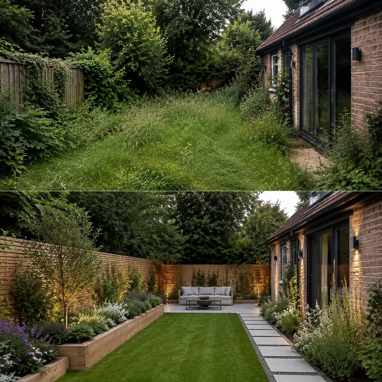 Before-and-after garden design shown for a home listing