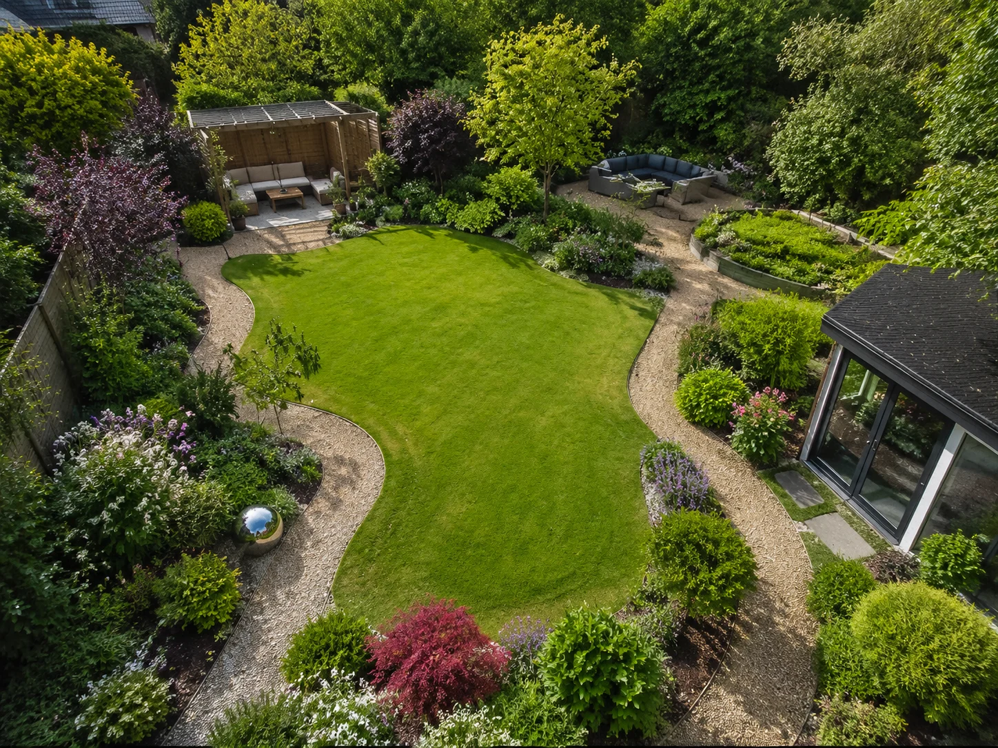 AI garden layout showing planting beds, a path, and a central lawn