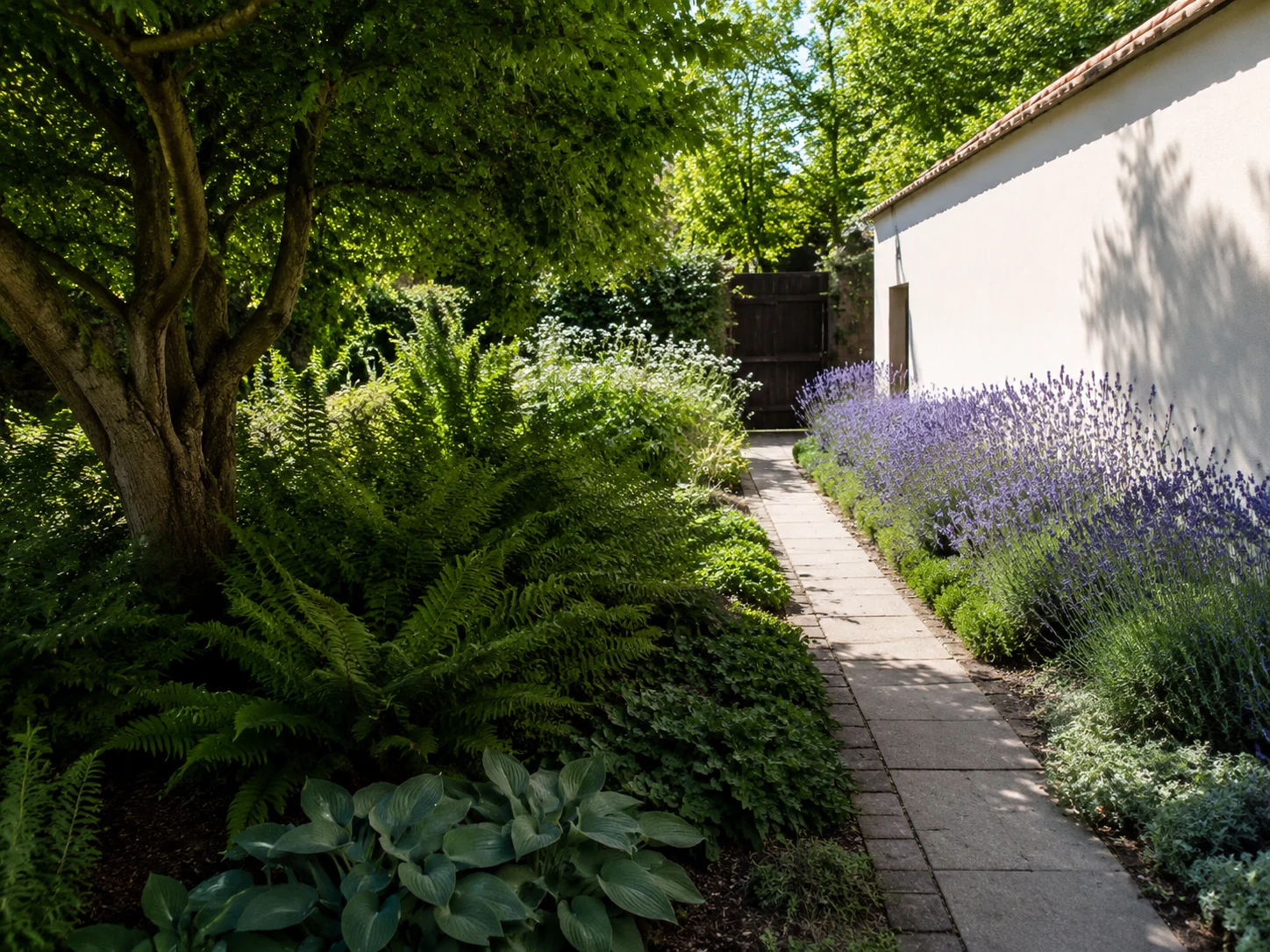 Garden border render with sun-loving and shade planting zones labeled