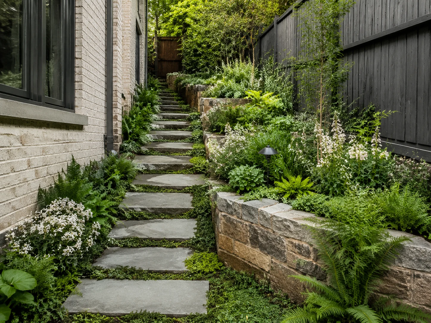 Small narrow garden redesigned with terraced beds and a slim path