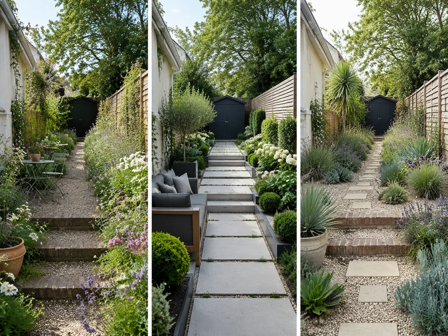 Same garden shown in cottage, modern, and low-water design styles