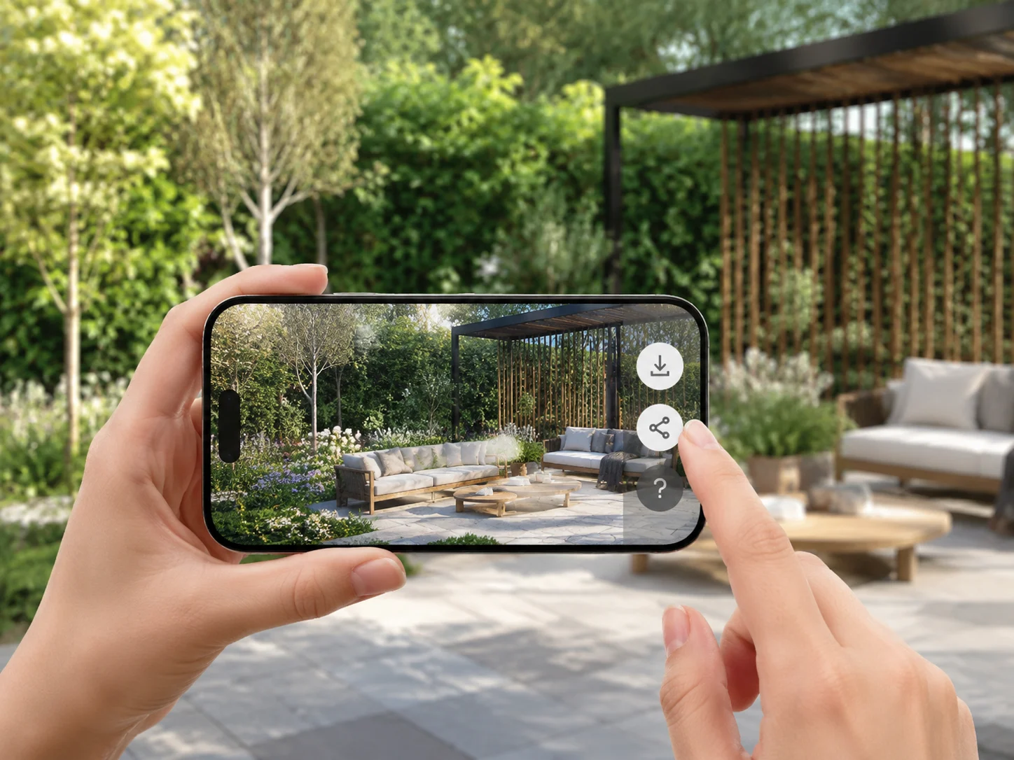 Finished garden design render being downloaded and shared on a phone