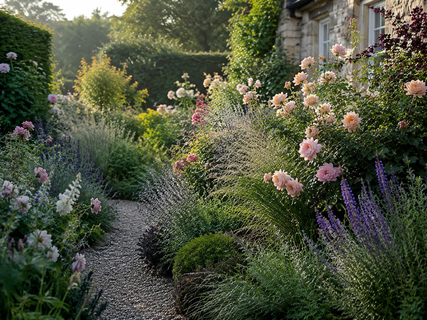 Cottage garden design with a dense perennial border beside a gravel path