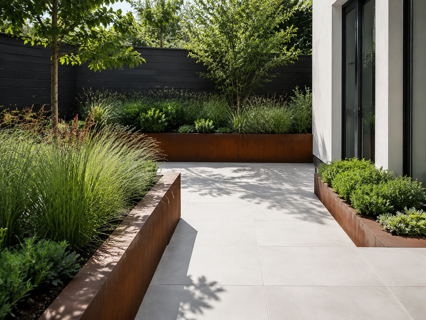 Modern minimalist garden with steel raised planters and architectural grasses