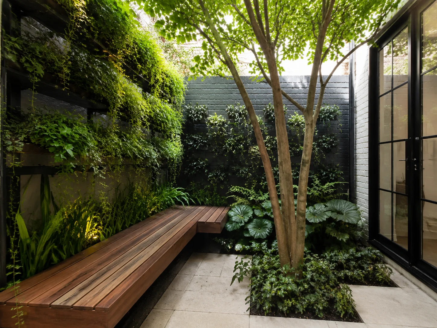 Small courtyard garden with vertical wall planting and a built-in bench