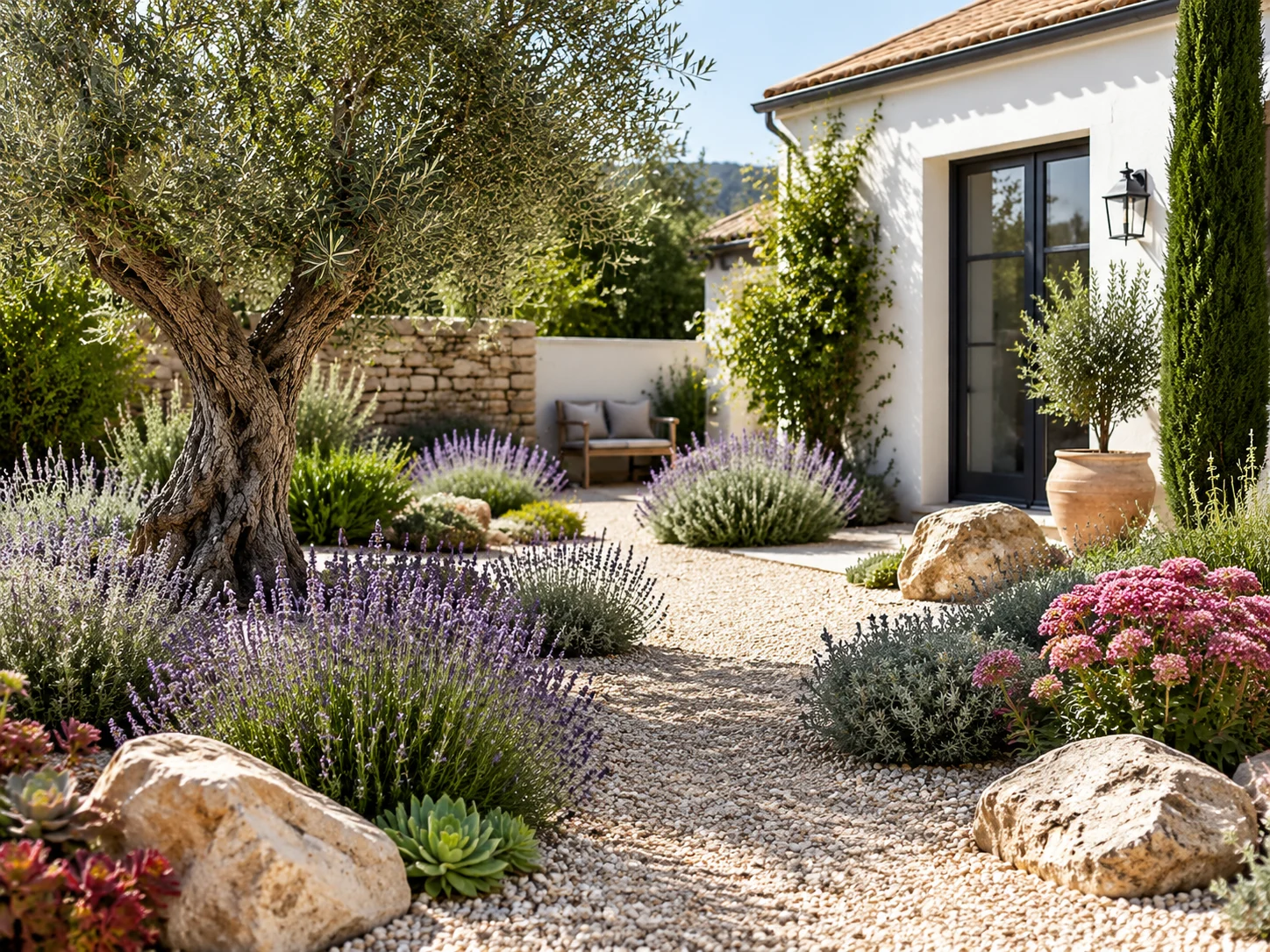 Low-water gravel garden with lavender and olive in a Mediterranean style