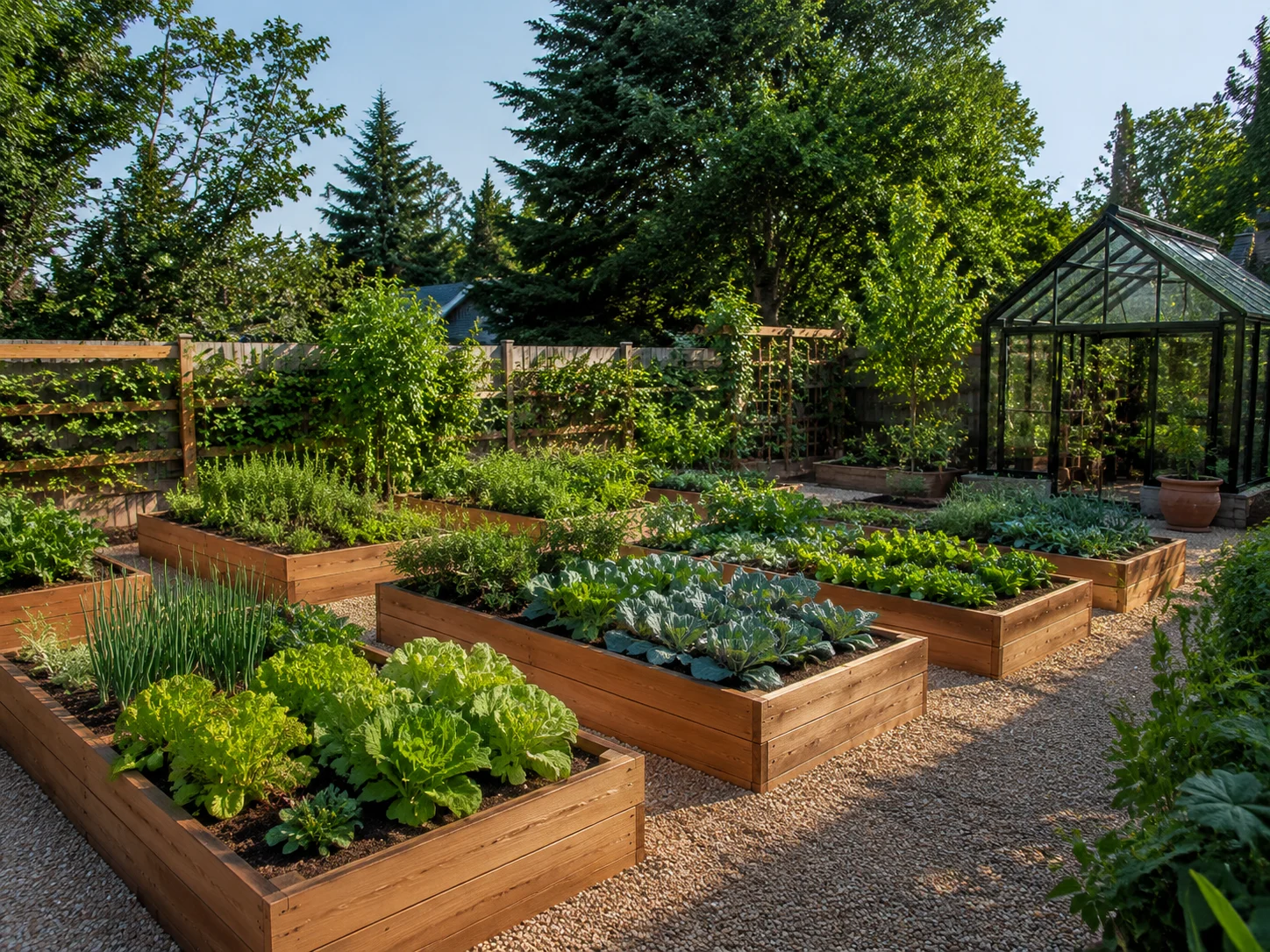 Kitchen garden with cedar raised vegetable beds and gravel walkways