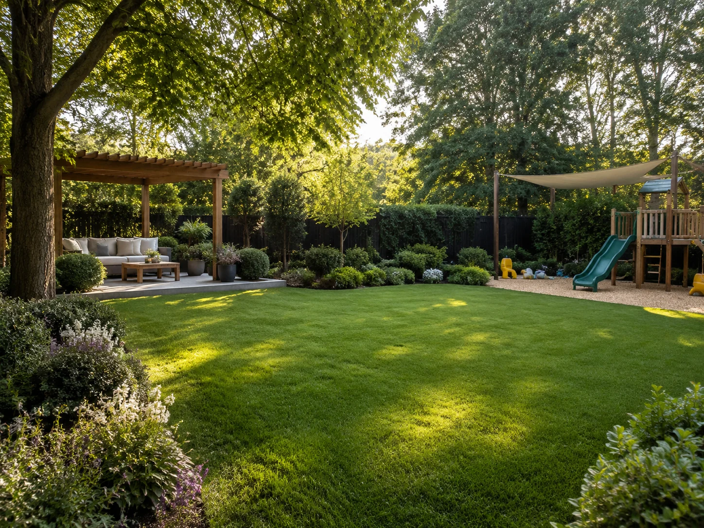 Family garden with an open play lawn, shaded seating, and shrub borders