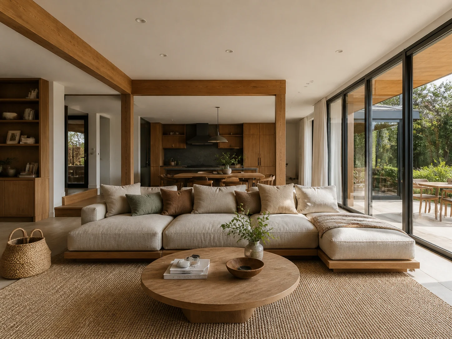 Modern open-concept living space with low sofa and wood accents