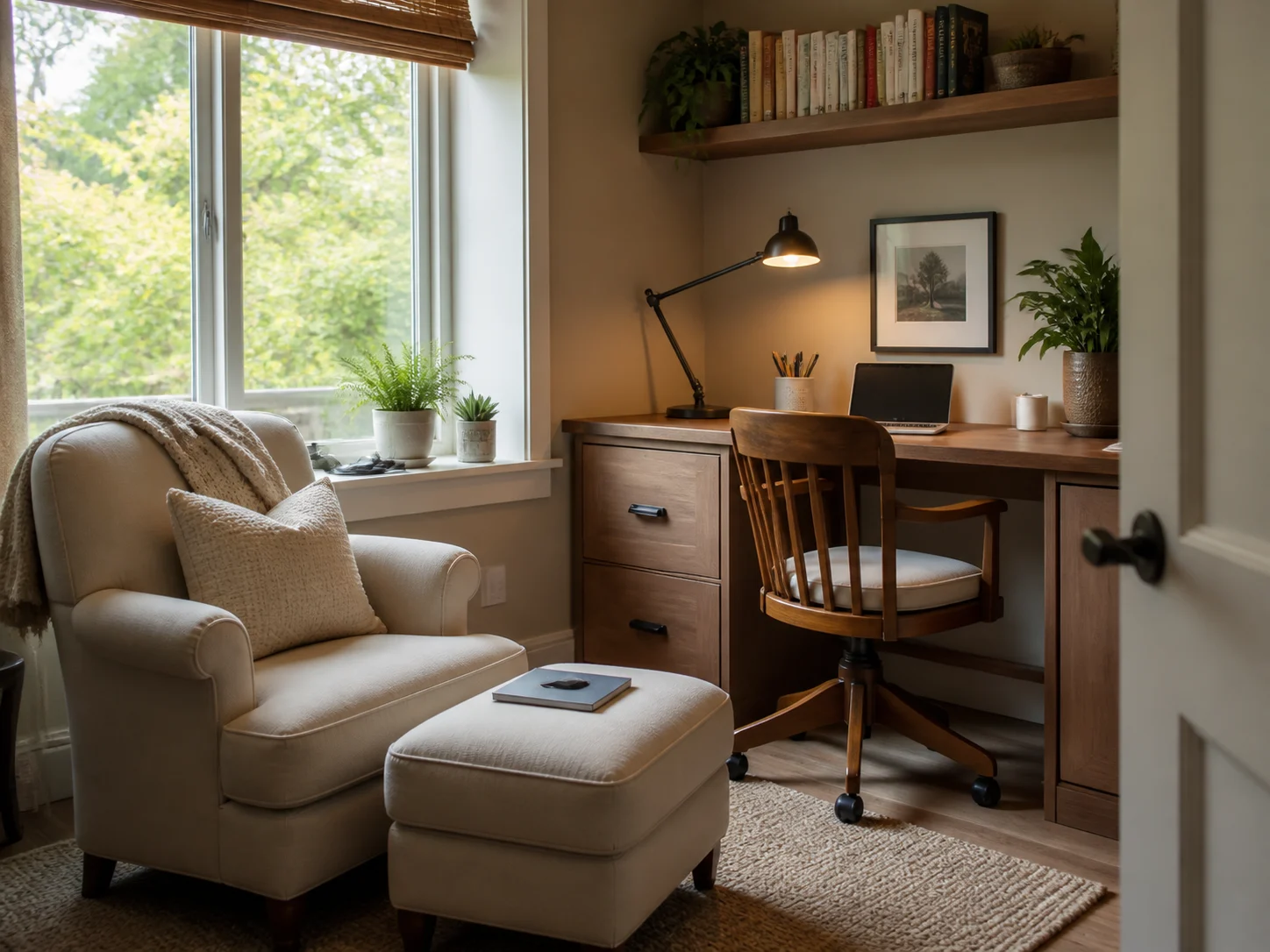 Cozy home office nook with warm reading corner