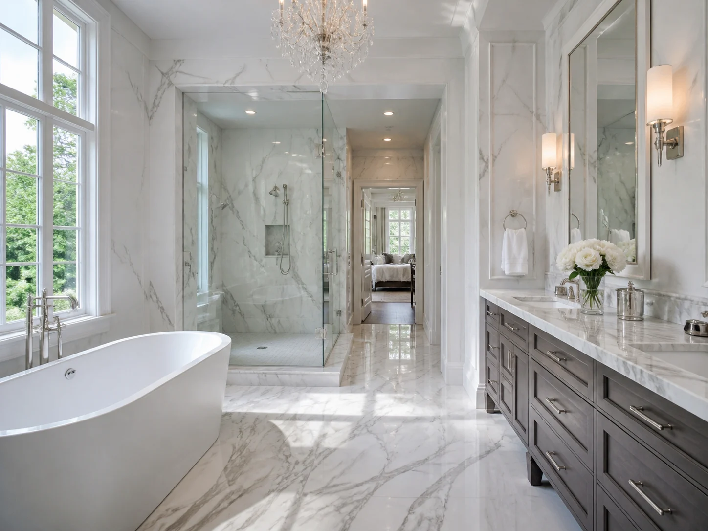 Luxury primary bathroom with marble finishes