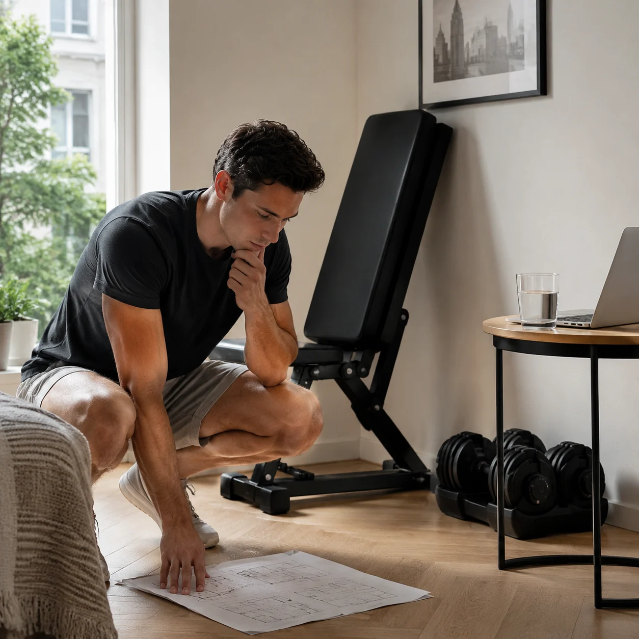 Renter planning a compact gym for a small apartment corner