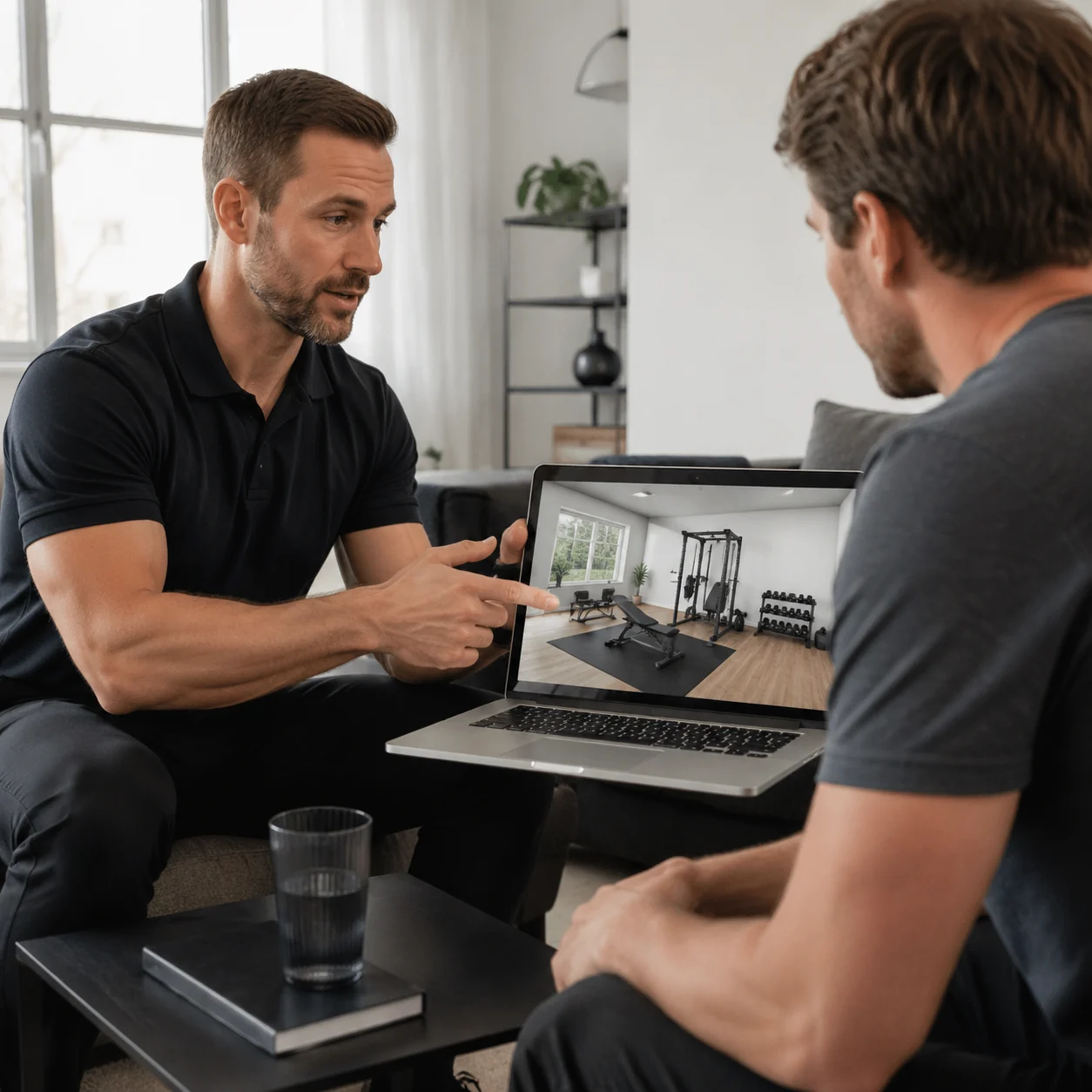 Personal trainer presenting a gym layout to a client on a laptop