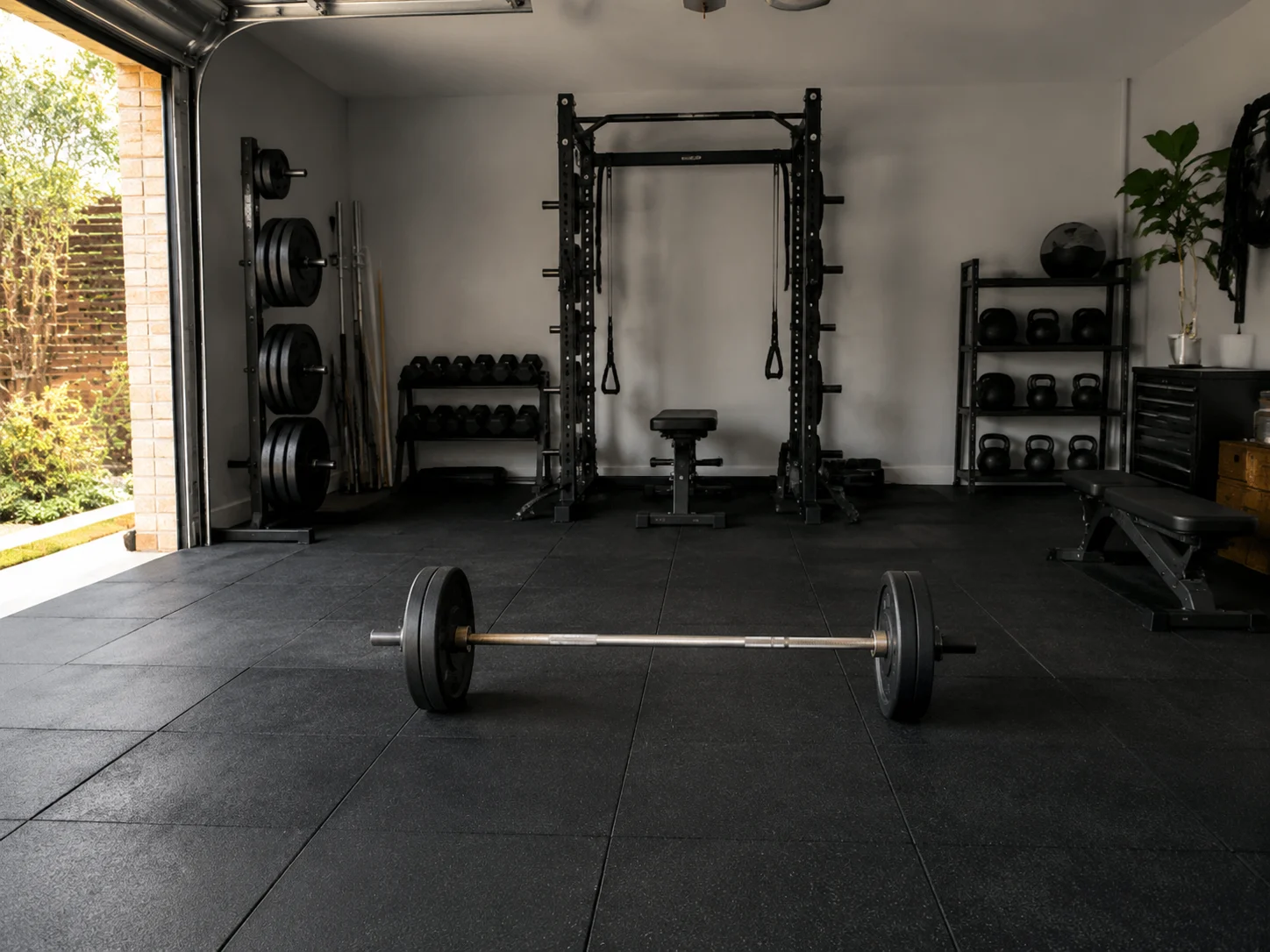 Garage gym layout with a power rack and clear, marked lifting space