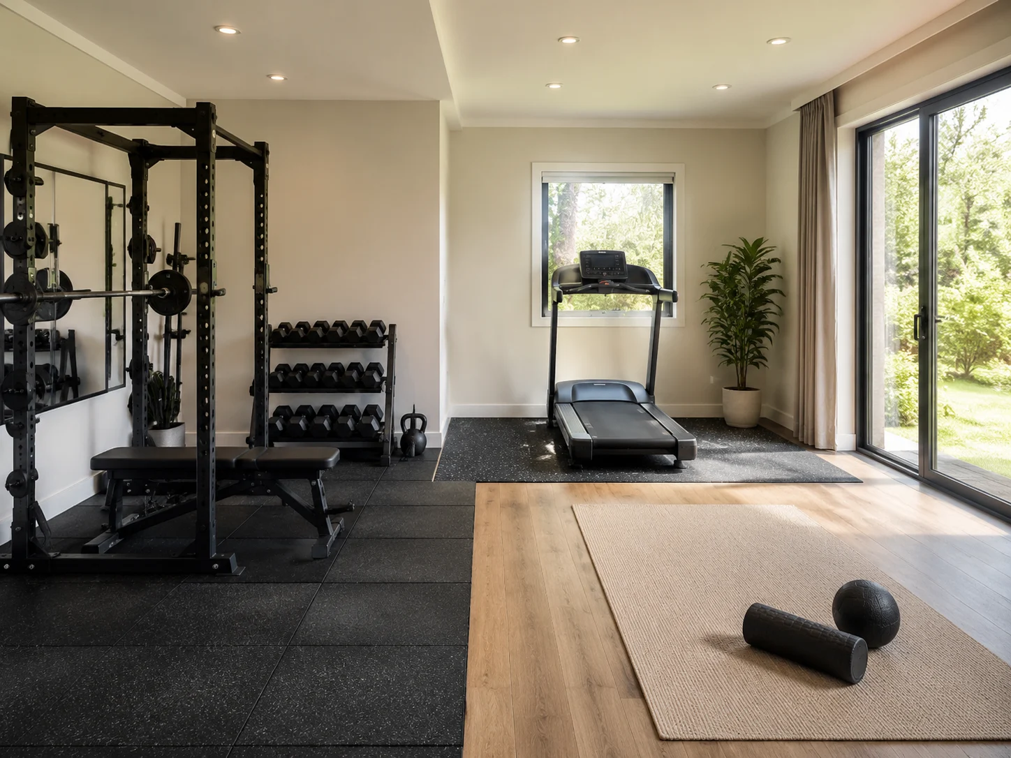 Home gym split into strength, cardio, and stretching equipment zones