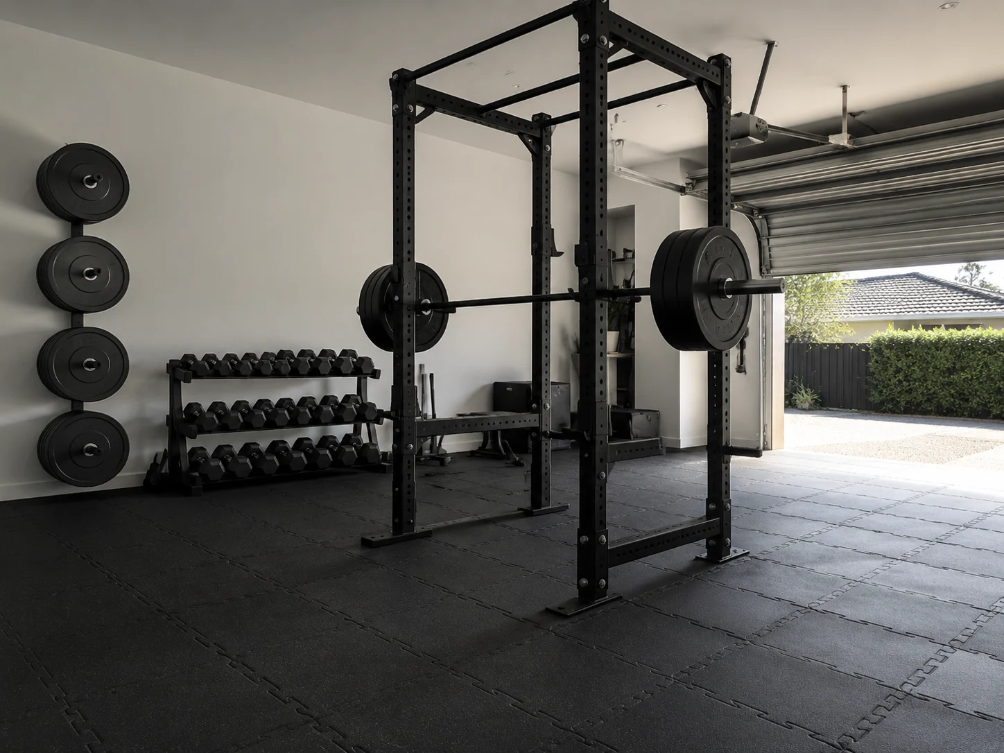 AI home gym design in a converted garage with power rack and rubber floor tiles