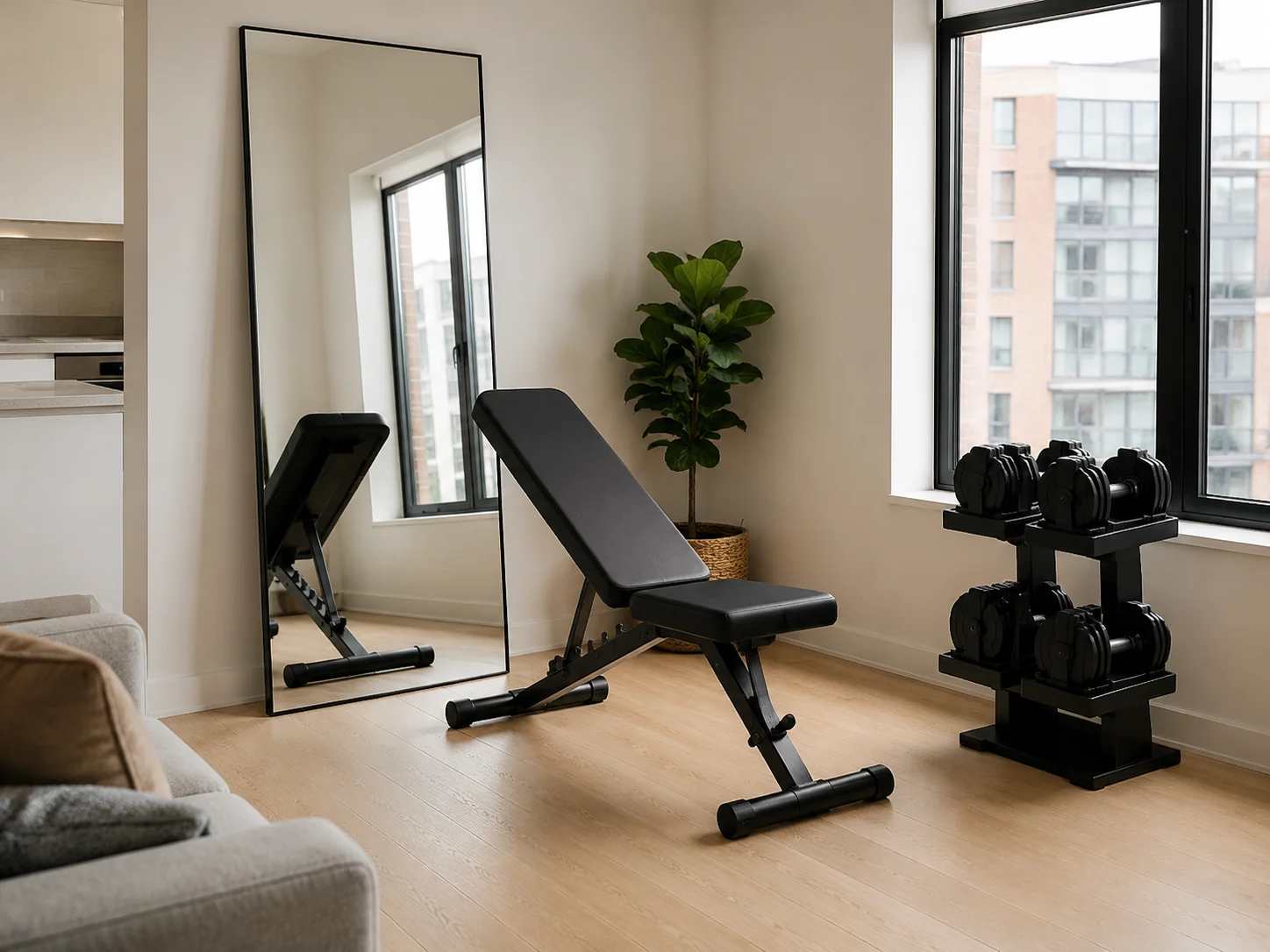Compact apartment-corner gym with folding bench, adjustable dumbbells, and mirror