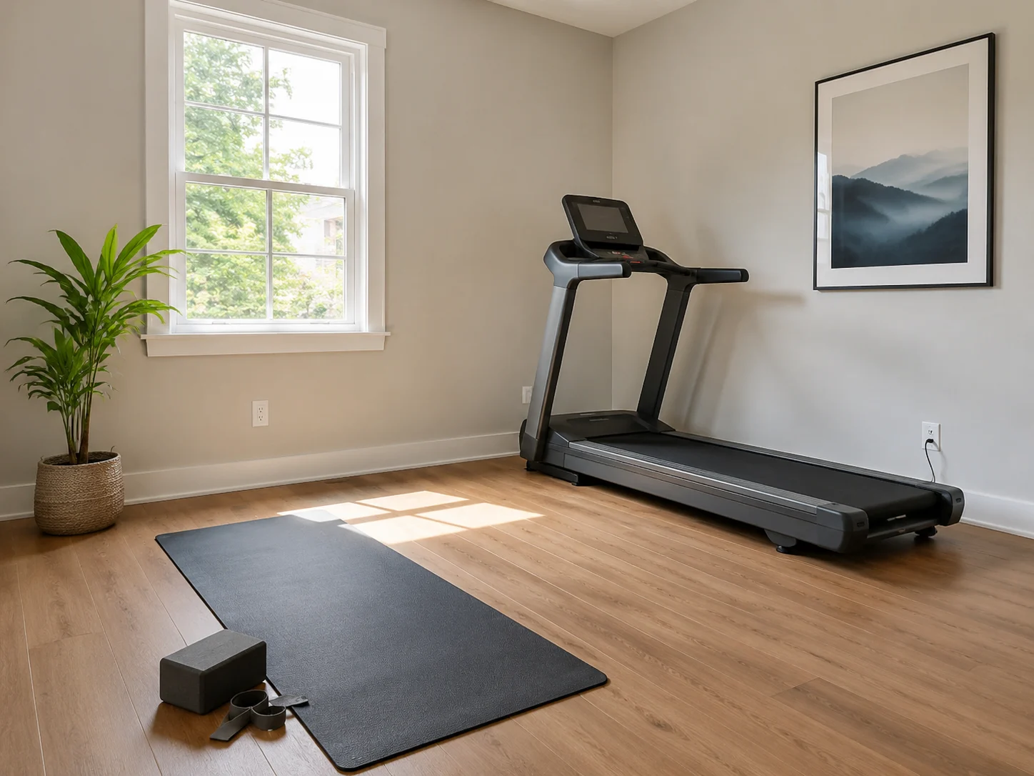 Spare-room gym with treadmill and an open yoga and stretching zone