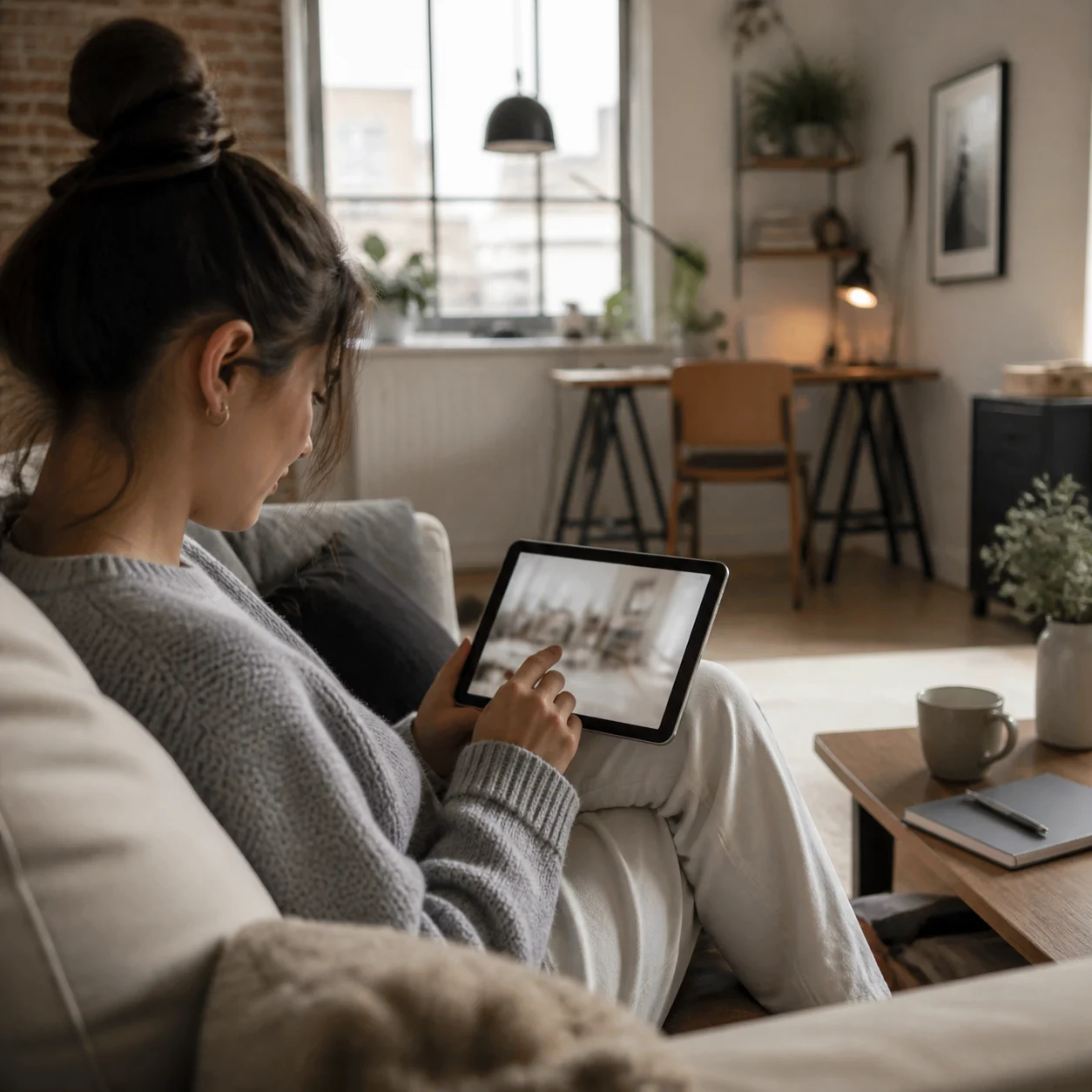 Remote worker reviewing a generated home office concept on a laptop