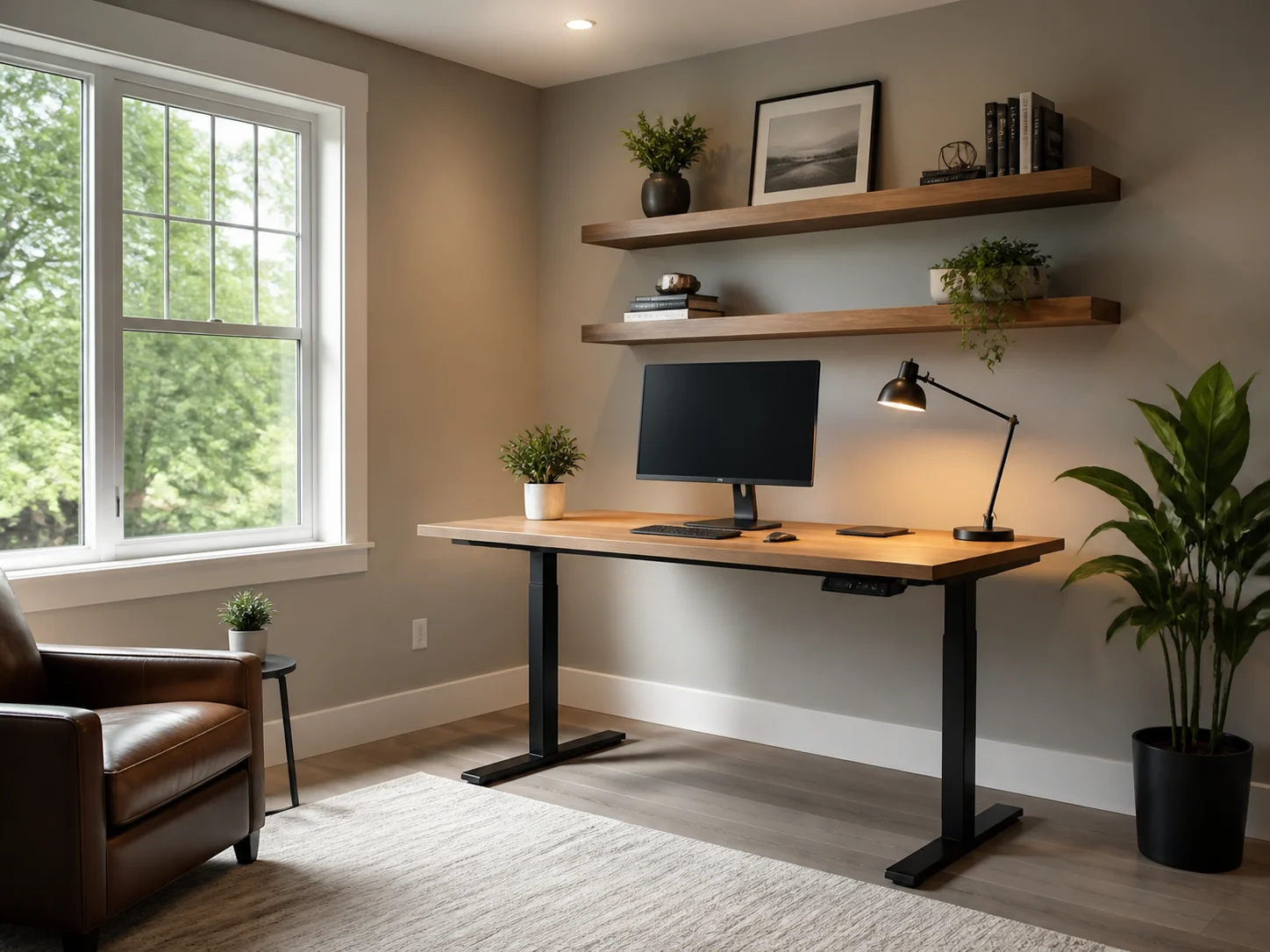 Modern home office with standing desk and floating shelves