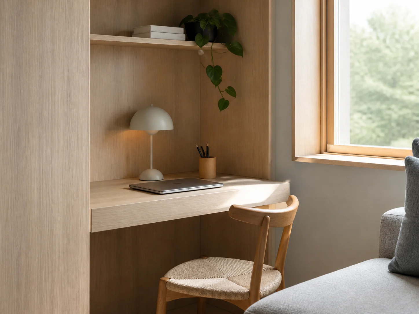 Scandinavian style home office nook with light oak desk