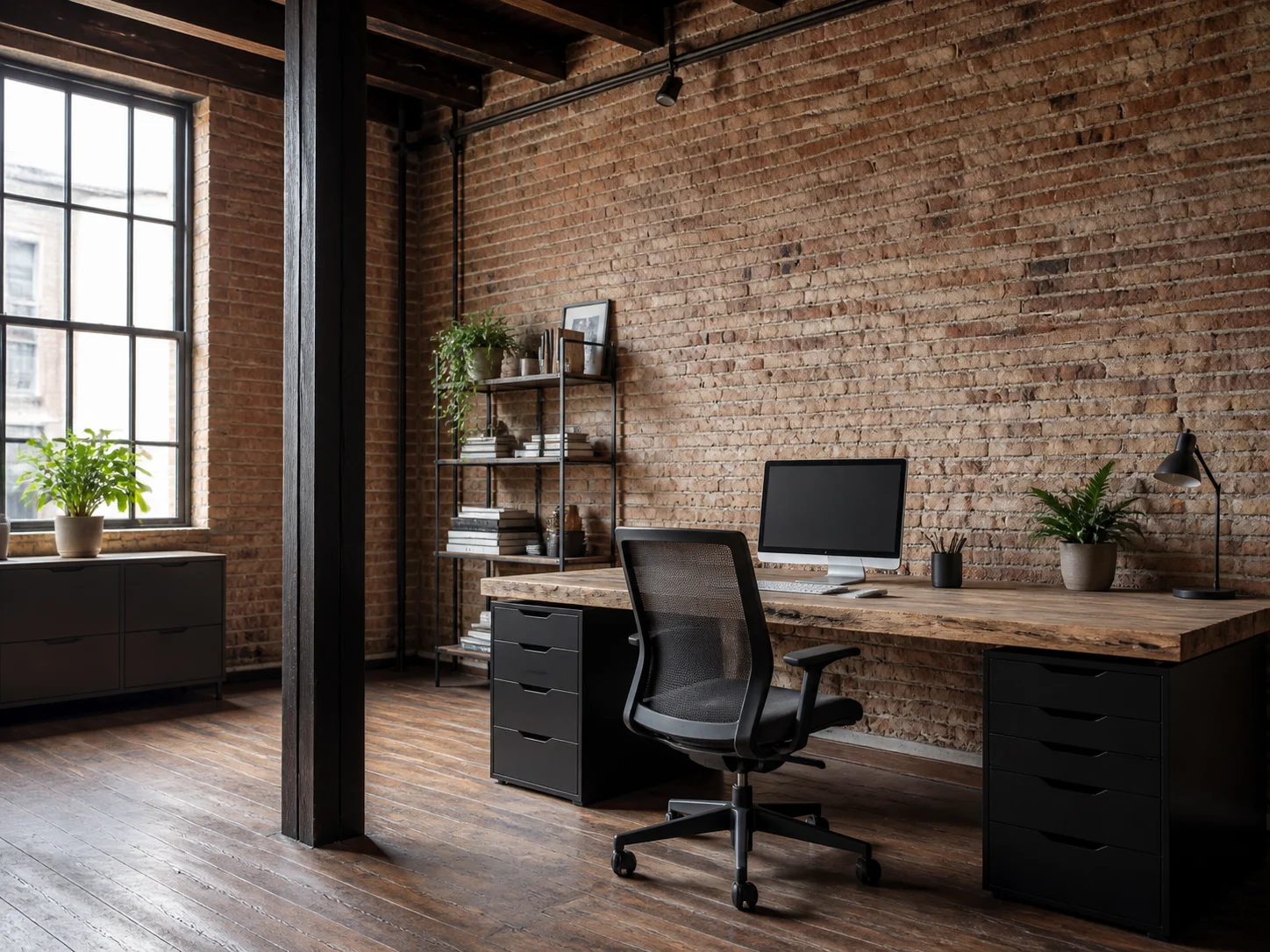 Industrial loft home office with exposed brick and wood desk