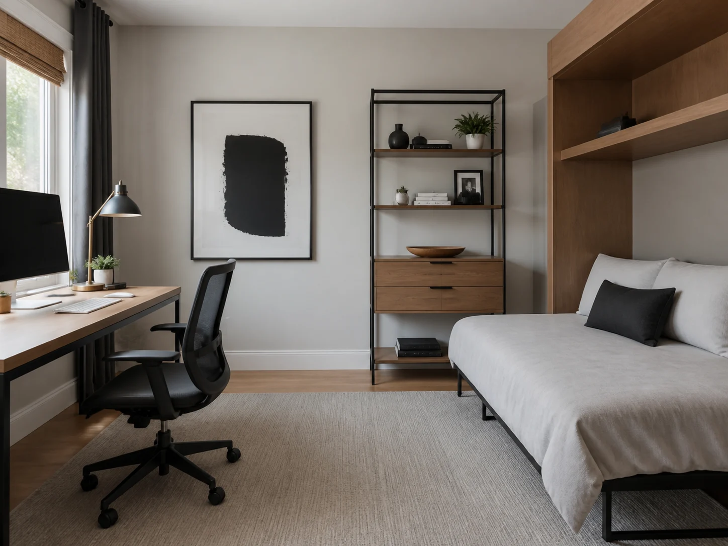 Minimalist shared home office and guest room design