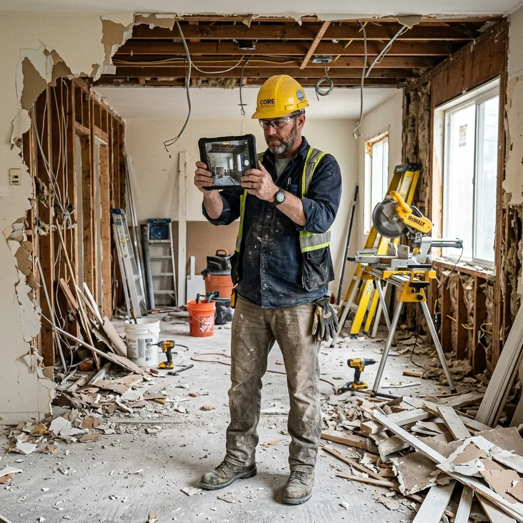 Contractor taking a photo of a room on a construction site to generate a floor plan