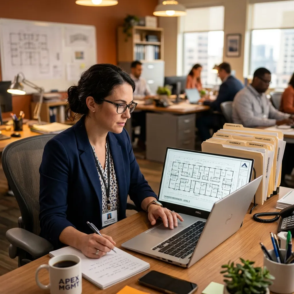Property manager reviewing AI-generated floor plans of multiple apartment units on a laptop
