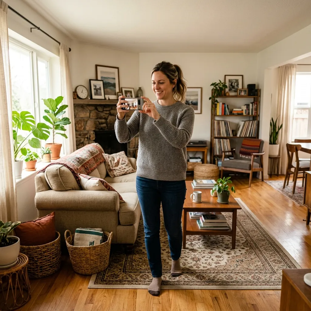 Homeowner photographing their living room with a smartphone to create a floor plan