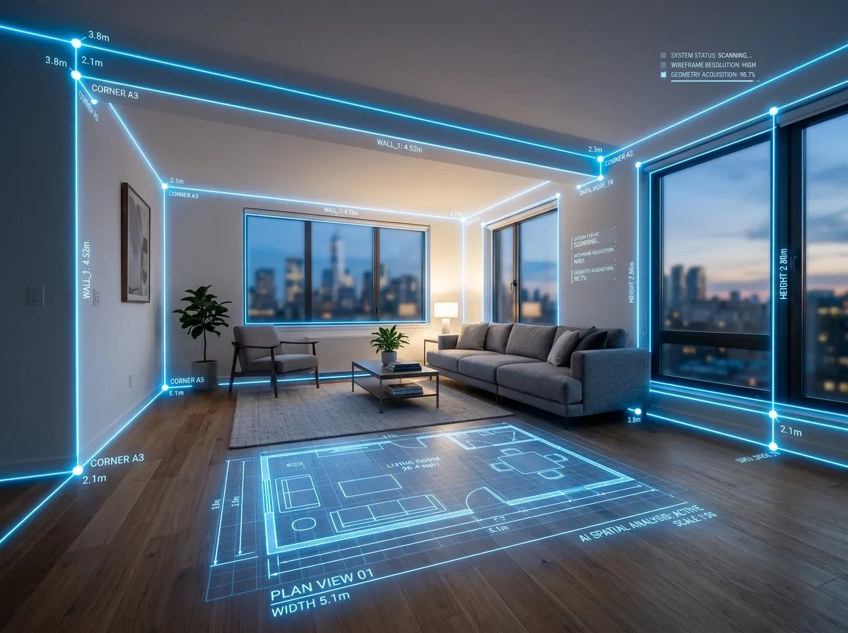 Side-by-side comparison of a room photo and the AI-generated floor plan blueprint