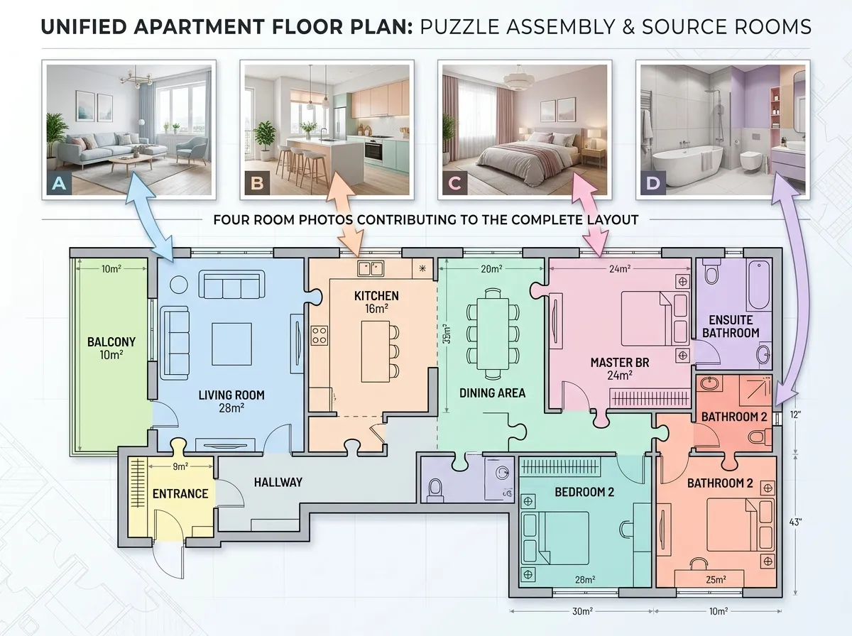 Multiple room photos being combined into a single unified floor plan by AI