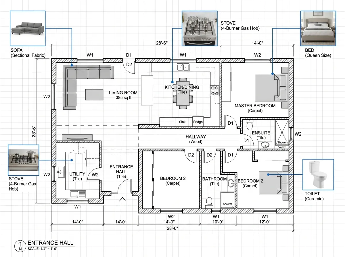 Floor plan with automatically recognized furniture and fixture symbols from a room photo
