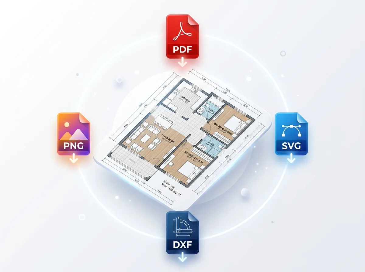 Floor plan export options showing PDF, SVG, DXF, and PNG file format icons