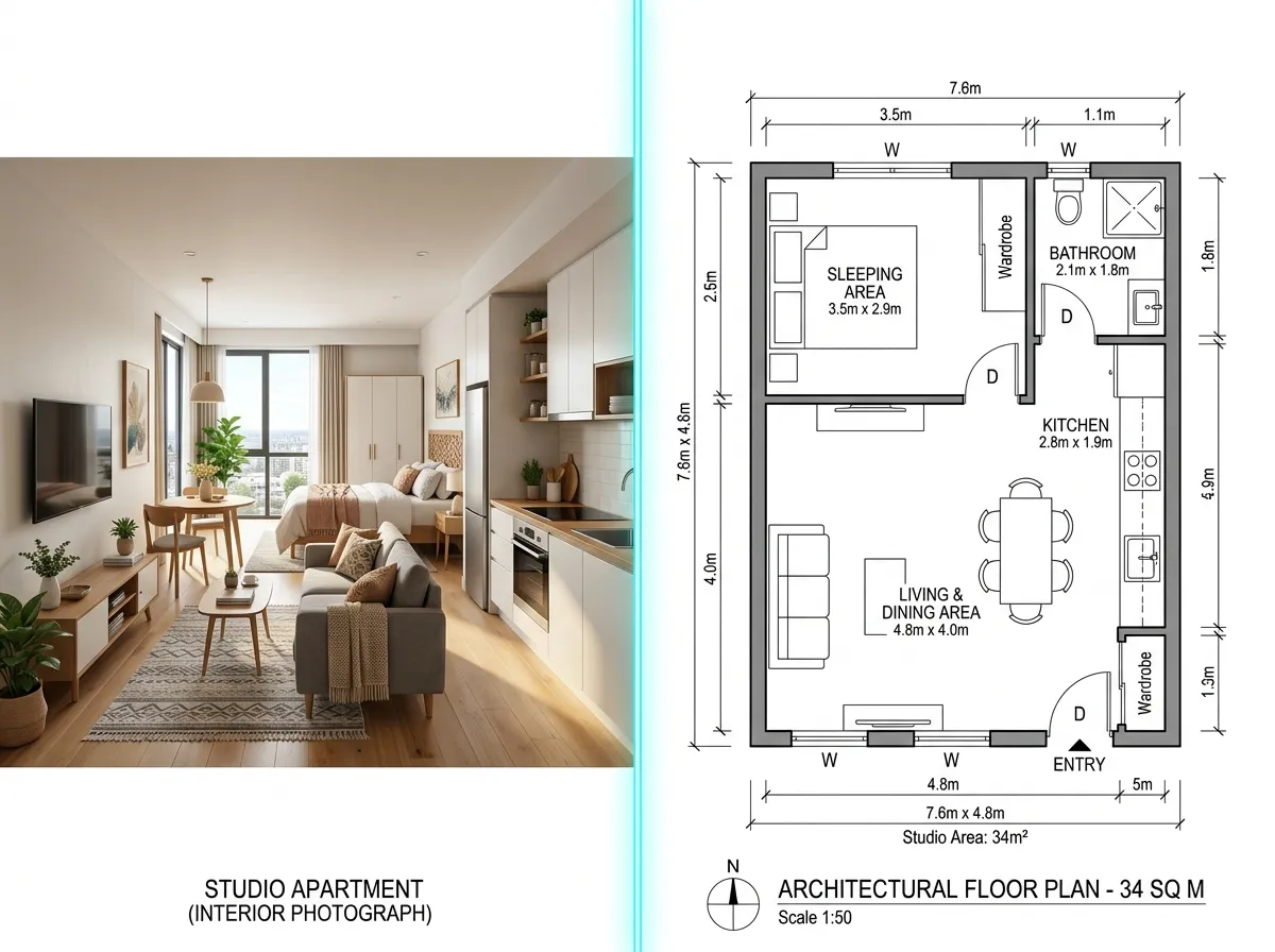 Before-and-after showing a studio apartment photo converted to a floor plan by AI