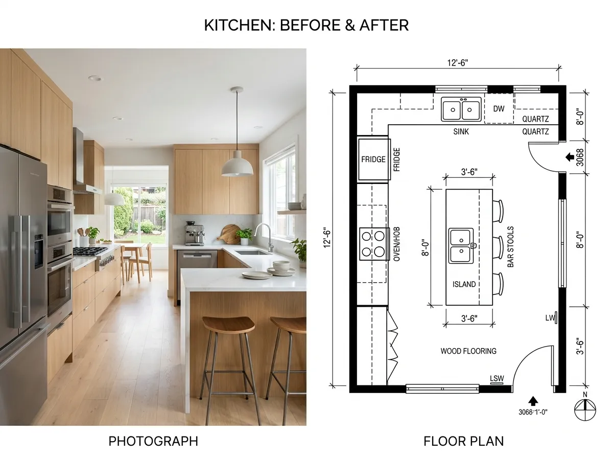 Kitchen photograph converted into a detailed floor plan layout by image to floor plan AI
