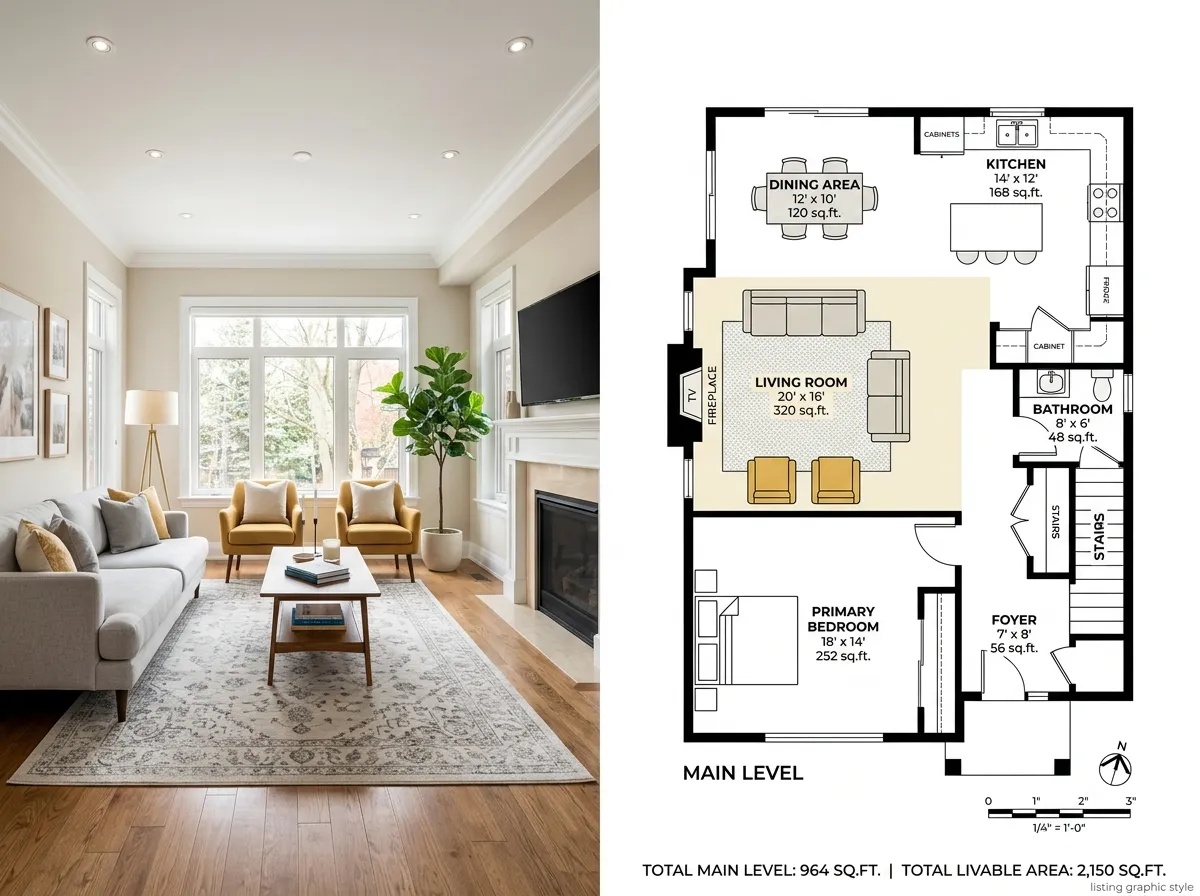 Real estate listing photo transformed into a professional floor plan by AI